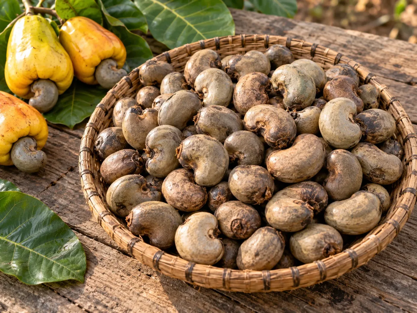 Raw cashews, from fruit to shell.